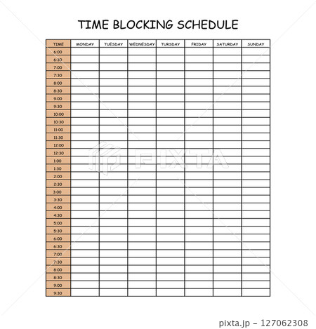 24 Hourly Weekly Schedule - Monday Start. Mockup for daily scheduling and time management. 30-minute increment hourly planner templates. Time Planner 127062308