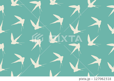 Seamless pattern with swallow silhouette on color background. Cute bird in flight. Vector illustration. Doodle style. Design for invitation, poster, card, fabric, textile Seamless pattern with swallow silhouette on color background. Cute bird in flight. Vector illustration. Doodle style. Design for invitation, poster, card, fabric, textile 127062318