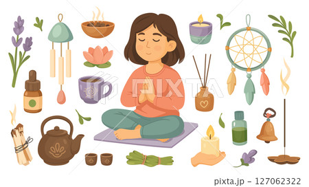Meditation set in flat cartoon design. Collection isolated elements of woman sitting in lotus asana, lavender twigs, flowers, wind chime, dreamcatcher, aromatherapy tools, more. Vector illustration. Meditation set in flat cartoon design. Collection isolated elements of woman sitting in lotus asana, lavender twigs, flowers, wind chime, dreamcatcher, aromatherapy tools, more. Vector illustration. 127062322