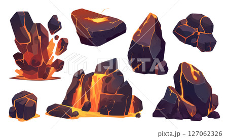 Volcanic rocks with lava set in flat cartoon design. Collection isolated elements of black mountain stones and rough cracked slabs with red hot magma with glowing light and heat. Vector illustration. 127062326