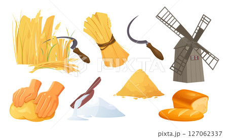 Bakery production stages set in flat cartoon design. Collection isolated elements of growing cereals, harvesting with sickle, grinding in mill, flour, knead dough and bread loaf. Vector illustration. Bakery production stages set in flat cartoon design. Collection isolated elements of growing cereals, harvesting with sickle, grinding in mill, flour, knead dough and bread loaf. Vector illustration. 127062337