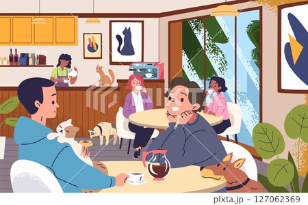 Pet friendly cafe. Pets owners drink coffee lunch in pet-friendly restaurant shop or hotel cozy interior, people on chair with puppy dog kitten cat food classy vector illustration Pet friendly cafe. Pets owners drink coffee lunch in pet-friendly restaurant shop or hotel cozy interior, people on chair with puppy dog kitten cat food classy vector illustration 127062369