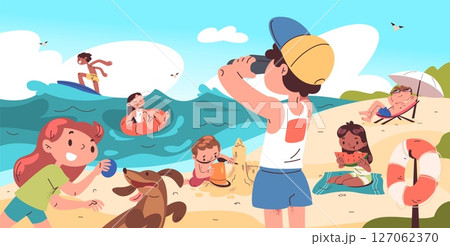 Children playing beach. Kids play in sea sand beach, fun game summer time vacation holiday seaside cartoon landscape boy girl in swimsuit swim in ocean, classy vector illustration 127062370