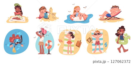 Beach children characters. Cartoon kids funny character summer vacation, child in swimsuit play on sea sand water game sun bath swim with inflatable ring classy vector illustration 127062372