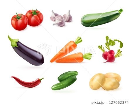 Realistic vegetables. 3d isolated vegetable, grocery agriculture food potato carrot tomato eggplant cucumber farm market cooking menu vegan diet nutrition exact vector illustration 127062374