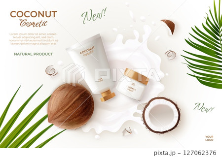 Coconut cosmetic ad. Realistic coco cream product advertising background, oil milk splash lotion gel soap beauty spa poster magazine design template, 3d exact vector illustration 127062376