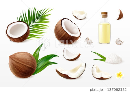 Realistic coconut. 3d coco slice, coconuts iol cosmetic cream milk 3d tropical fruit dry coconut flakes palm leaf flower raw butter product, isolated exact vector illustration 127062382