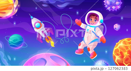 Kids astronauts outer space. Children little astronaut exploring galaxy planets universe on cosmic rocket in star sky, cartoon kid cosmonaut in spacesuit swanky vector illustration Kids astronauts outer space. Children little astronaut exploring galaxy planets universe on cosmic rocket in star sky, cartoon kid cosmonaut in spacesuit swanky vector illustration 127062383