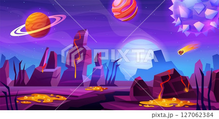 Alien planet surface. Cartoon planets game landscape in outer space background, fantasy earth cosmos 2d videogame universe gaming level astronomy scene, swanky vector illustration 127062384