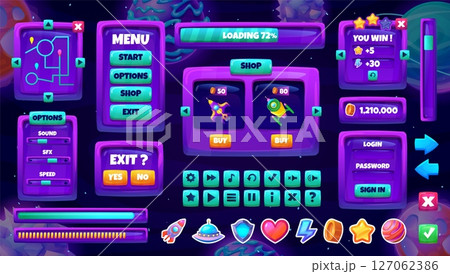 Cartoon space game ui. 2d videogame galaxy interface, alien adventure mobile app gaming kit elements button panel menu frame gui spaceship board design swanky vector illustration 127062386