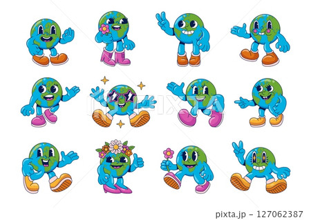 Earth planet mascot. Carton planet groovy vintage character, cute world happy face globe smile stickers ecology save global nature baby kid emoticon set, swanky vector illustration Earth planet mascot. Carton planet groovy vintage character, cute world happy face globe smile stickers ecology save global nature baby kid emoticon set, swanky vector illustration 127062387