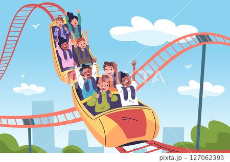 Kids roller coaster. Children ride on rollercoaster, excited boy girl in amusement park happy thrill emotion riding extreme attraction high speed rail classy vector illustration Kids roller coaster. Children ride on rollercoaster, excited boy girl in amusement park happy thrill emotion riding extreme attraction high speed rail classy vector illustration 127062393