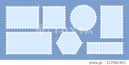 Empty postage marks. Postcard stamp frame different shapes, post mail card paper edge letter sticker postal mark blank border postmark template cartoon set vector illustration 127062401