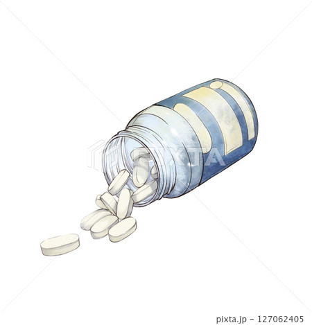 Open medical blue transparent bottle with pale yellow pills lies without a lid, some of the pills are scattered. Watercolor isolated on white background mockup or design element 127062405