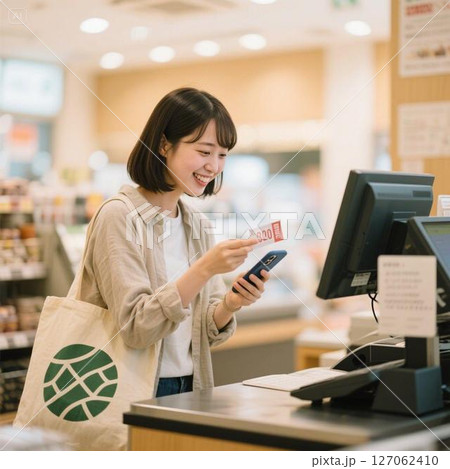 クーポンで買い物する若い日本人女性のイラスト（節約・スマホ決済） 127062410