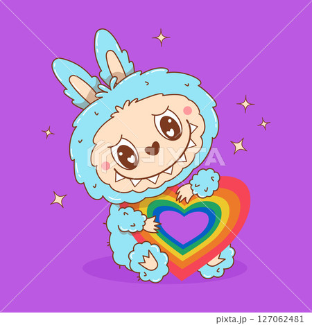 Cute Monster Toy Labubu with rainbow lgbt Heart. Cartoon Funny kawaii fantasy character. LGBTQ community. Holiday Pride month. Vector illustration Cute Monster Toy Labubu with rainbow lgbt Heart. Cartoon Funny kawaii fantasy character. LGBTQ community. Holiday Pride month. Vector illustration 127062481