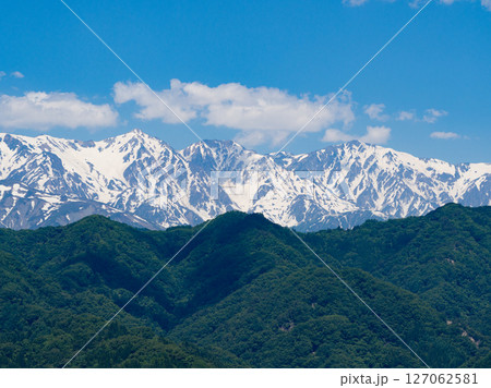 残雪の北アルプス 山並み 稜線 長野県小川村 残雪の北アルプス 山並み 稜線 長野県小川村 127062581