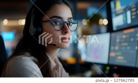 A woman in a headset and glasses looking intently at a computer screen 127062705