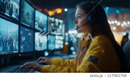 A Woman in a Yellow Jacket Monitors Security Cameras 127062706