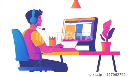 Young Man Working on a Computer with a Headset Young Man Working on a Computer with a Headset 127062762