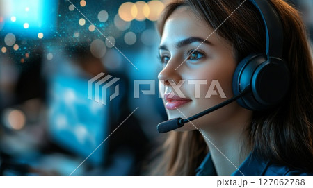 Close-up of a Woman Wearing a Headset in a Call Center Environment 127062788