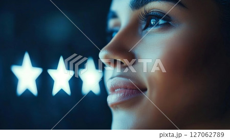 A Close-Up of a Woman's Face with a Soft Smile Against a Blurred Background of Three Stars A Close-Up of a Woman's Face with a Soft Smile Against a Blurred Background of Three Stars 127062789