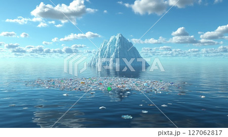 Plastic Pollution Floating in Ocean with Iceberg in the Background 127062817