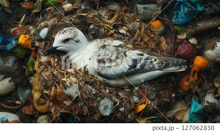 Dead Seabird Entangled in Plastic Waste 127062830