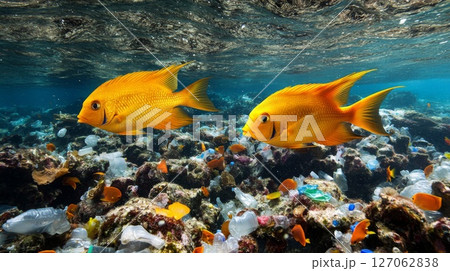 Two Yellow Fish Swimming in a Seabed Polluted with Plastic Waste 127062838