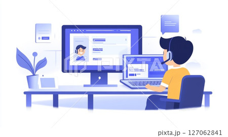 Customer service representative using computer and laptop Customer service representative using computer and laptop 127062841