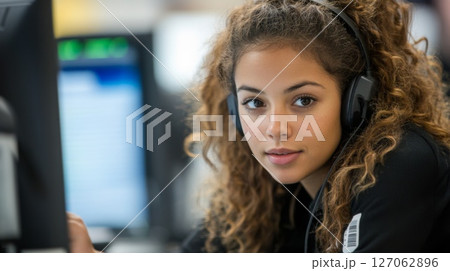 Close-up of a Young Woman Wearing Headphones and Looking Directly at the Camera Close-up of a Young Woman Wearing Headphones and Looking Directly at the Camera 127062896