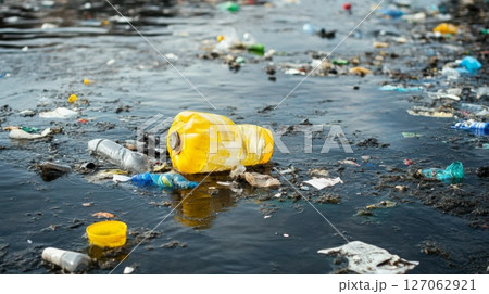 Yellow Plastic Bottle Floating in Polluted Water 127062921