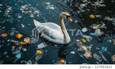 A Swan Swimming in a Polluted Body of Water A Swan Swimming in a Polluted Body of Water 127062922