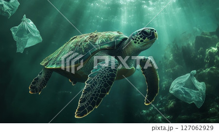 Sea Turtle Swimming Through Plastic Waste in the Ocean Sea Turtle Swimming Through Plastic Waste in the Ocean 127062929