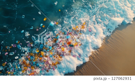 Plastic Pollution Accumulating on a Sandy Beach Plastic Pollution Accumulating on a Sandy Beach 127062931