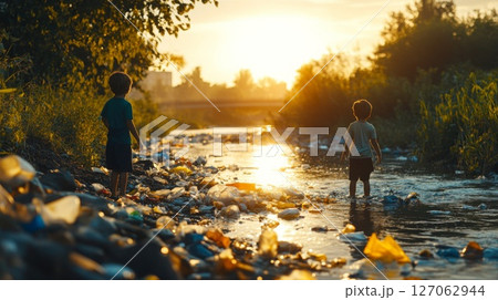 Two Boys Standing in a River Filled with Plastic Waste at Sunset 127062944