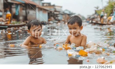Two Young Boys Play in a River Filled with Plastic Waste 127062945