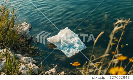 Plastic Bag Floating in a Still Body of Water 127062948