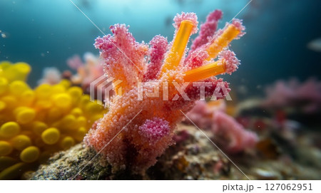 Close-up of Orange and Pink Coral in a Tropical Reef 127062951