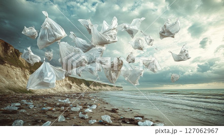 Plastic Bags Floating Over a Beach and Ocean Plastic Bags Floating Over a Beach and Ocean 127062967
