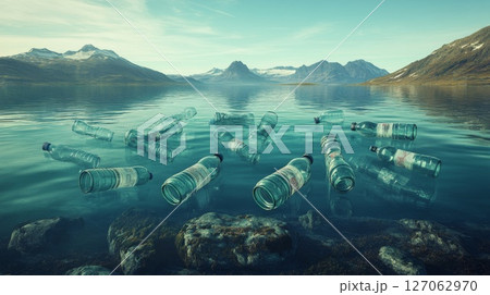 Plastic Water Bottles Floating in a Mountain Lake Plastic Water Bottles Floating in a Mountain Lake 127062970