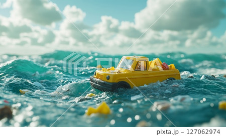 A Toy Truck Adrift in a Sea of Plastic Waste 127062974