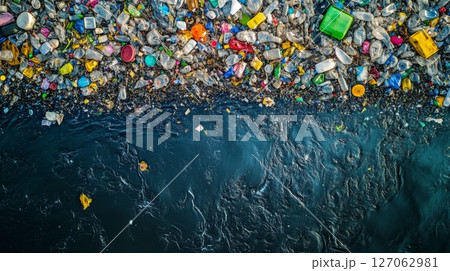 Plastic Waste Accumulating on the Surface of a River 127062981