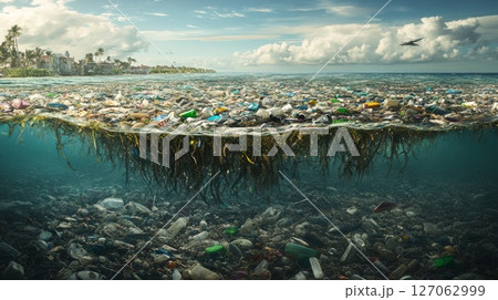 Ocean Pollution with Plastic and Trash Under Water Ocean Pollution with Plastic and Trash Under Water 127062999