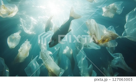 A Fish Swims Through a Sea of Plastic Bags 127063003