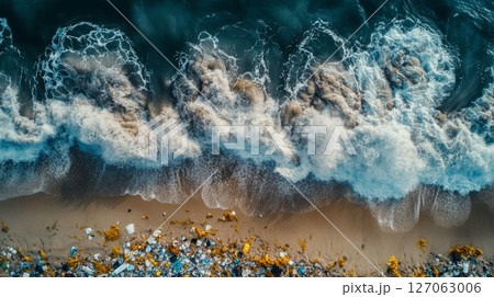 Aerial View of Waves Crashing on a Beach Littered with Plastic Waste 127063006