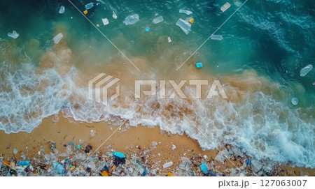 Aerial View of Plastic Pollution on a Sandy Beach and Ocean 127063007