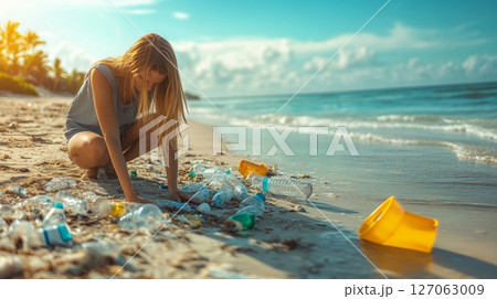 Young Woman Cleaning Up Plastic Pollution on a Beach 127063009