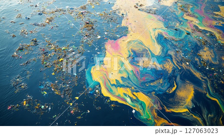 Oil Spill and Debris Polluting a Body of Water 127063023
