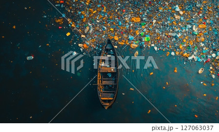 A lone wooden boat amidst a sea of plastic pollution 127063037